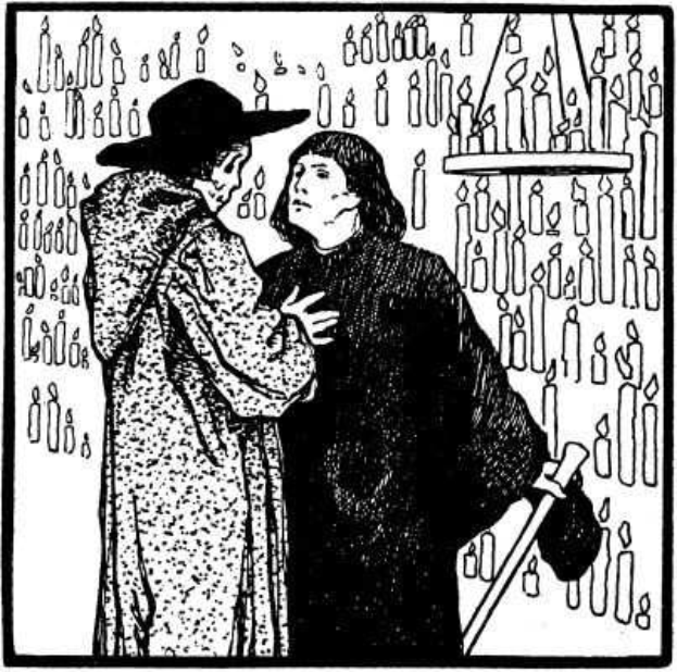 Schwarze und weiße Illustration eines Mannes mit einem Stock und einer Frau neben ihm, mit einer Wand aus Kerzen dahinter und dem Text "Das Buch Mormon" unten.