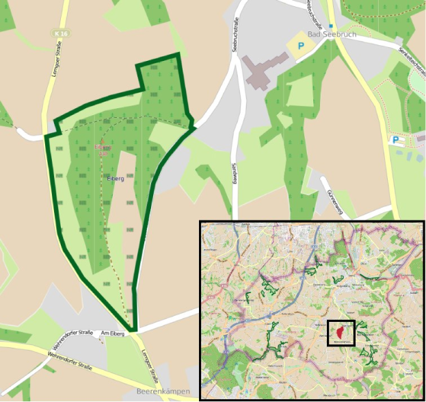 Ein detaillierter Stadtplan mit einem zentralen grünen Bereich, der als vorgehensweise Entwicklungsstelle markiert ist, umgeben von Stra├čen, Geb├Ąuden und Landmarken.