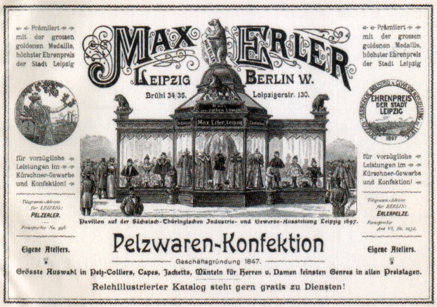 Eine alte Werbung für Max Erler Leipzig in Berlin, Deutschland, zeigt eine Gruppe von Menschen vor einem Gebäude mit Text.