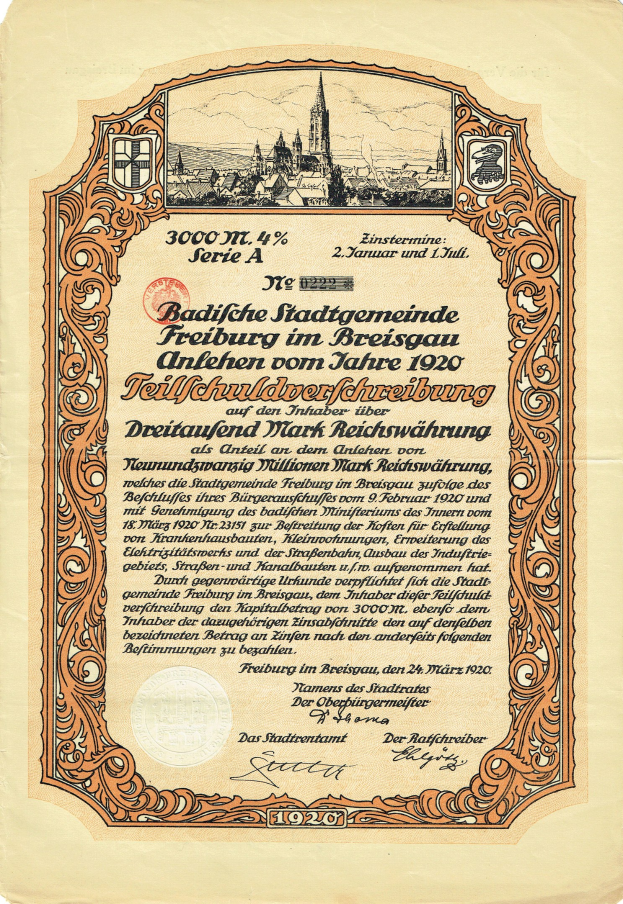 Altes deutsches Aktienzertifikat mit einer Stadtillustration und gedrucktem Text, der wahrscheinlich den Ursprung der Aktie beschreibt.