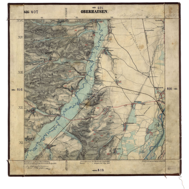 Alte topografische Karte von Oberhausen, Deutschland, die geographische Merkmale wie Berge, Flüsse und St├Ądte auf einem wei├čen Hintergrund mit informativem Text zeigt.