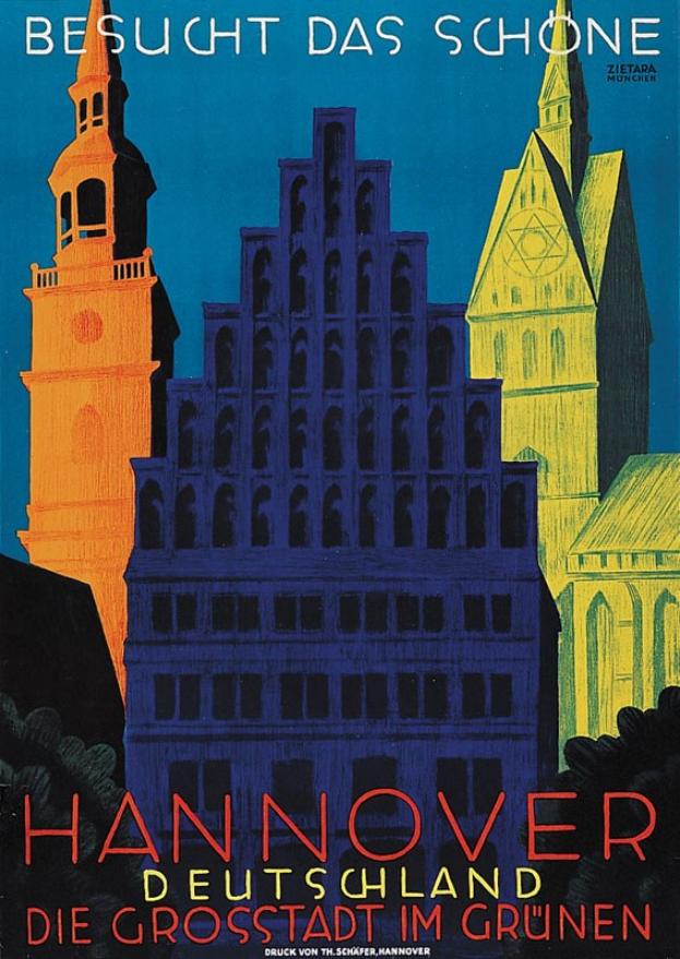Ein Plakat, das Hannover, Deutschland bewirbt, mit einigen Gebäuden, Bäumen und Text, der Informationen über die Stadt enthält.