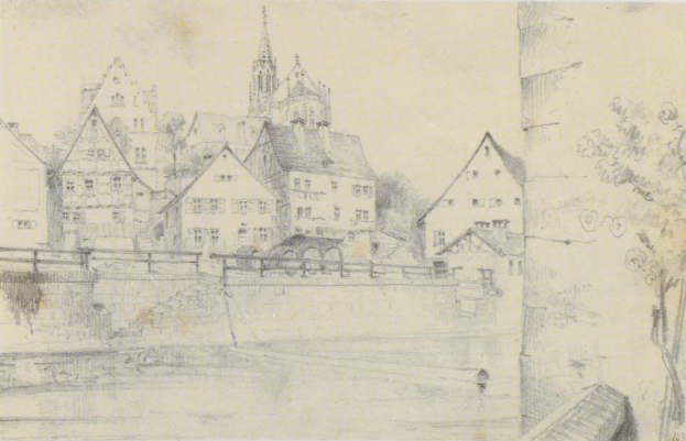 Ein Bleistift-Zeichnung mit dem Titel 'Nürnberg, Deutschland' von Joseph Mallord William Turner zeigt eine Stadtlandschaft mit einem Fluss, Gebäuden, Bäumen und einer Brücke.