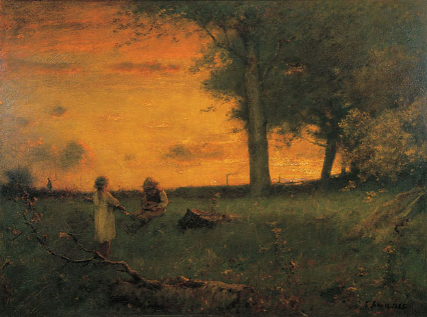 Ein Bild zweier Kinder, die auf einer Wiese bei Sonnenuntergang spielen, umgeben von Bäumen und Gras, mit einem Himmel in Orangen-, Pink- und Purpur-Tönen.