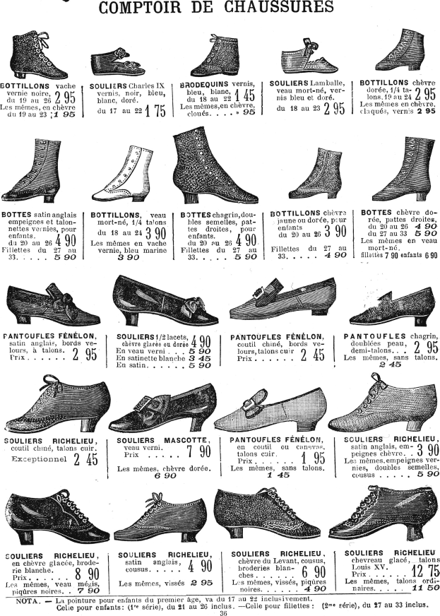 Eine Buchseite mit verschiedenen Damenschuhen in einzigartigen Designs, Preisschildern und detaillierten Informationen zur Größe, Form und Farbe, ordentlich angeordnet.