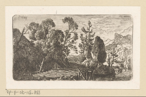 Eine friedliche Waldlandschaft mit saftig grünen Bäumen, sanften Hügeln und einem ruhigen Gewässer, das den Himmel spiegelt, mit Text am unteren Rand.