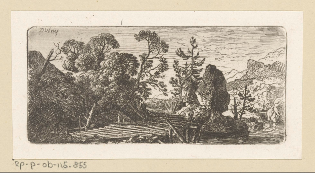 Eine friedliche Waldlandschaft mit saftig grünen Bäumen, sanften Hügeln und einem ruhigen Gewässer, das den Himmel spiegelt, mit Text am unteren Rand.