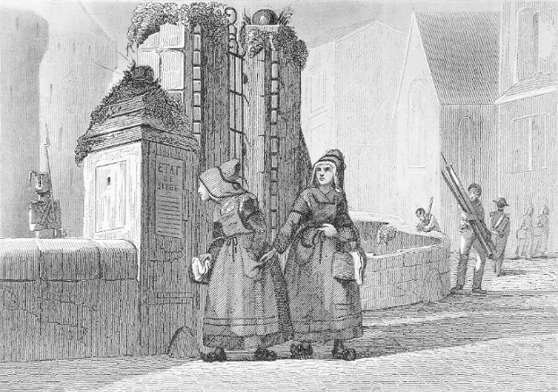 Schwarz-Weiß-Gravur Von Zwei Frauen, Die Vor Einem Gebäude Stehen, Mit Einigen Anderen Leuten Im Hintergrund, Betitelt "Victorian Women In The City Of London."
