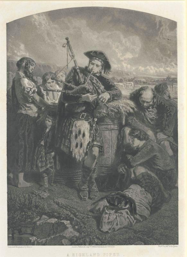 Schwarze und weiße Gravur eines Mannes, der eine Dudelsackpfeife spielt, mit einer Gruppe von Menschen im Hintergrund und dem Text "A Highland Pipe" unten.