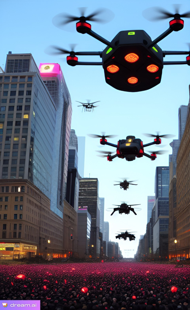 Eine Gruppe von Drohnen, die über eine Stadtstraße mit Menschen darunter fliegt, vor dem Hintergrund von beleuchteten Gebäuden und dem Himmel.