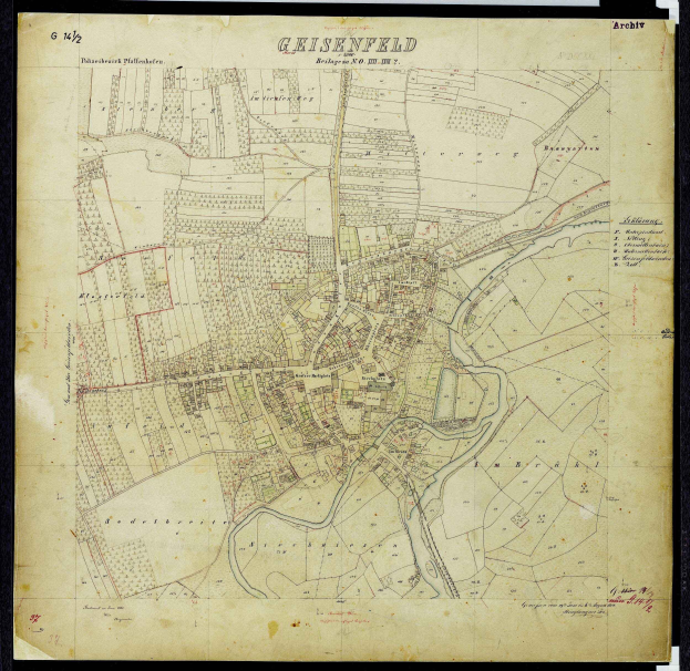 Ein altes Stadtplan von Gelsenkirchen, Deutschland, mit schwarzem Rand, der detaillierte Straßen, Gebäude und Sehenswürdigkeiten zeigt.