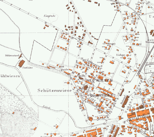 Eine alte Karte von Schützenwiese, Deutschland, mit orangefarbenen und schwarzen Linien, die den Standort der Stadt markieren, und begleitendem Text.
