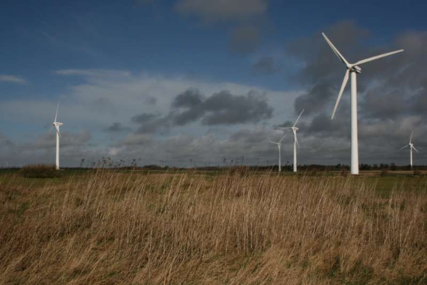 Ein Windturbinenfeld auf einer grünen Fläche mit Bäumen im Hintergrund und Wolken am Himmel, mit Textangabe des Standorts Niederlande.