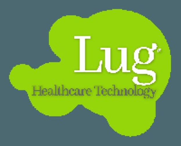 Logo von Lug Healthcare Technology, das mutige schwarze Schrift in der Mitte eines weißen Hintergrunds zeigt, von einem blauen und weißen Rahmen umgeben.