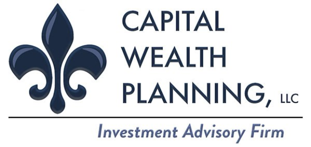 Logo von Capital Wealth Planning, LLC: ein blauer Kreis mit weißer Umrandung und einem "C" in der Mitte, umgeben von einem weißen Ring mit blauem Text "Capital Wealth Planning" und weißem Text "Investment Advisory Firm" darunter.