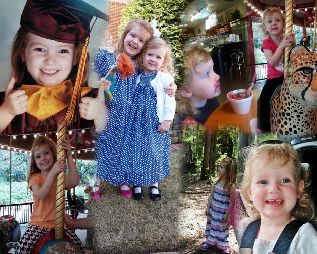 Eine Collage mit Vergnügungsparkfahrgeschäften, einem Tisch mit Speisen einschließlich eines Bechers und Löffels, verschiedenen Gegenständen, Lichtern, einer Wand, Büschen, Bäumen, Gras, einem Seil und einem Hut.