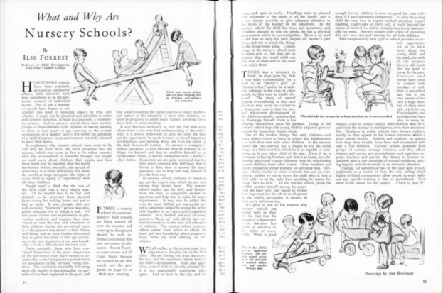 Ein aufgeschlagenes Buch mit einer Zeichnung von Kindern, die in einer Kita spielen, mit begleitendem Text und einer Tabelle mit verschiedenen Gegenständen.