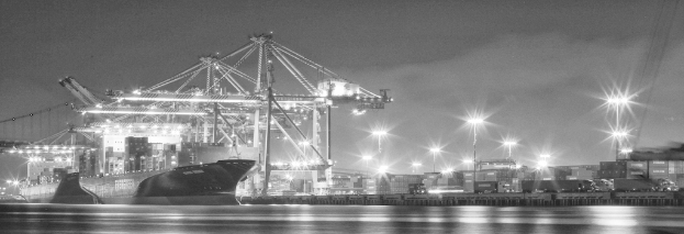 Ein Schiffbau mit Metallstrukturen, Laternen, Containern und Schiffen.