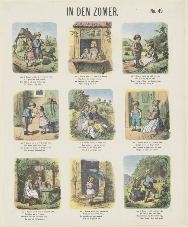 Ein buntes Kinderbild mit spielenden Kindern in einem üppigen Garten, mit lustiger Schrift und strahlenden Gesichtern.