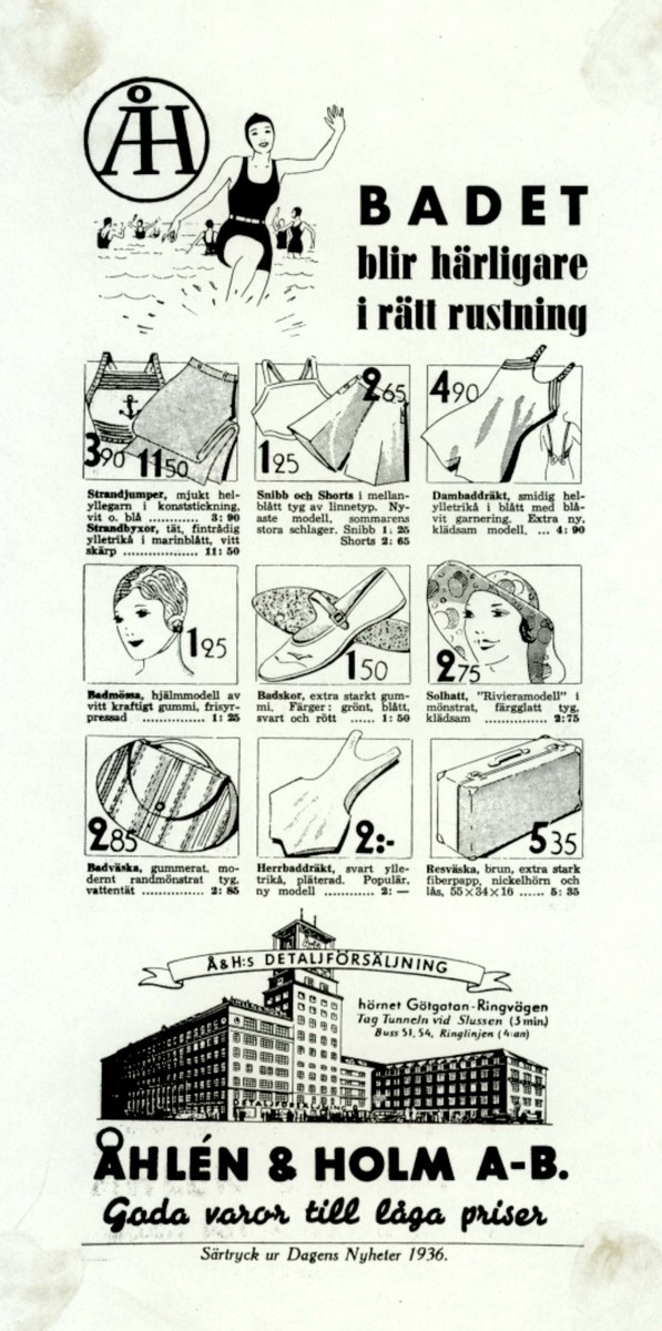 Anzeige mit einer Frau in einem wei├čen Bikini mit blauen und wei├čen Streifen, die einen Pferdeschwanz tr├Ągt und direkt in die Kamera schaut, umgeben von Bildern von Menschen, hohen modernen Geb├Ąuden und gro├čen Text.