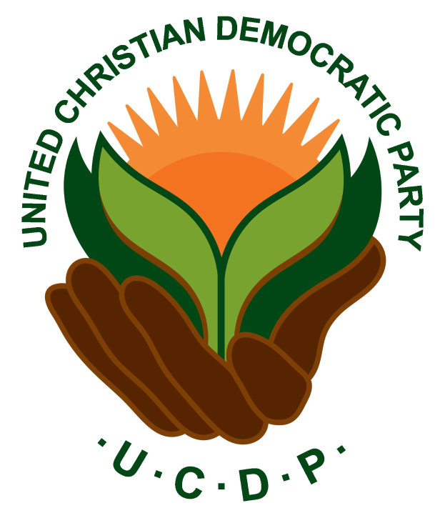 Logo der Vereinigte Christlich-Demokratische Partei (UCDP): eine Hand, die eine leuchtend gelbe Blume mit grünem Stiel und Blättern hält, mittig in einem blauen und gelben Kreis auf einem weißen Hintergrund, mit "UCDP" in fetter schwarzer Schrift darunter.