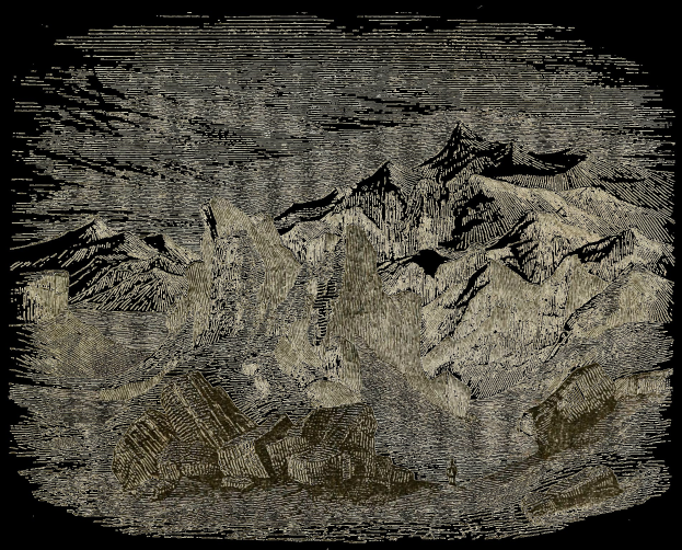 Schwarze und weiße Gravur einer Gebirgskette mit Felsen im Vordergrund und Himmel im Hintergrund, beschriftet mit "Mount Everest" unten.