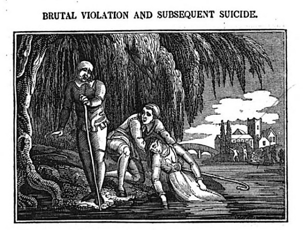 Schwarz-weißes Foto eines Mannes, der mit einem Stock über einer Frau steht, die auf dem Boden liegt, mit Bäumen, Gebäuden und einem bewölkten Himmel im Hintergrund; Text oben und unten lautet "brutale Gewalt und anschließender Suizid".