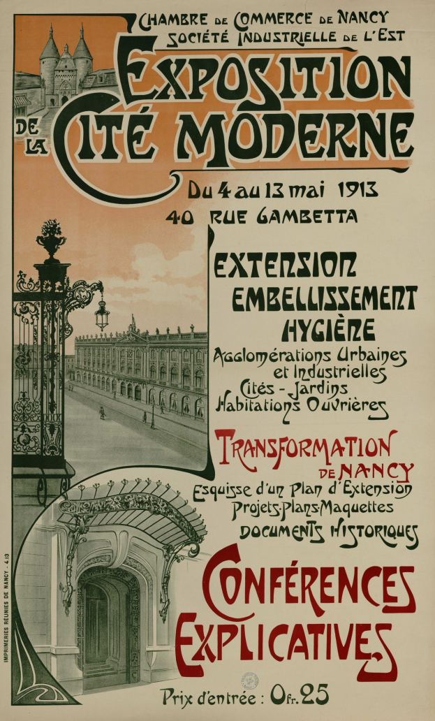Plakat für eine Ausstellung in Cite Moderne mit einem Bild eines Gebäudes, eines Tors und eines bewölkten Himmels, mit Text zu den Ausstellungseinzelheiten.