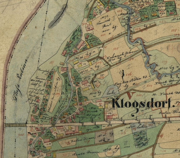 Ein detaillierter alter Stadtplan von Kloosdorf, Deutschland, der Straßen, Gebäude und Sehenswürdigkeiten mit Textbeschriftungen zeigt.