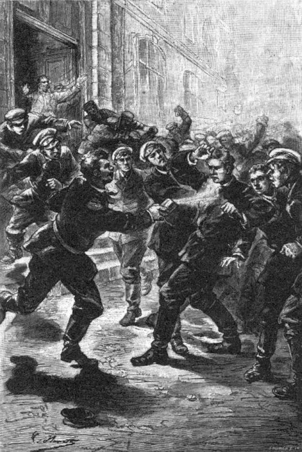 Schwarze und weiße Illustration einer gewalttätigen Straßenschlägerei unter einer Gruppe von Männern, mit einem Gebäude im Hintergrund und der Bildunterschrift "Victorian riots in London, England" unten.
