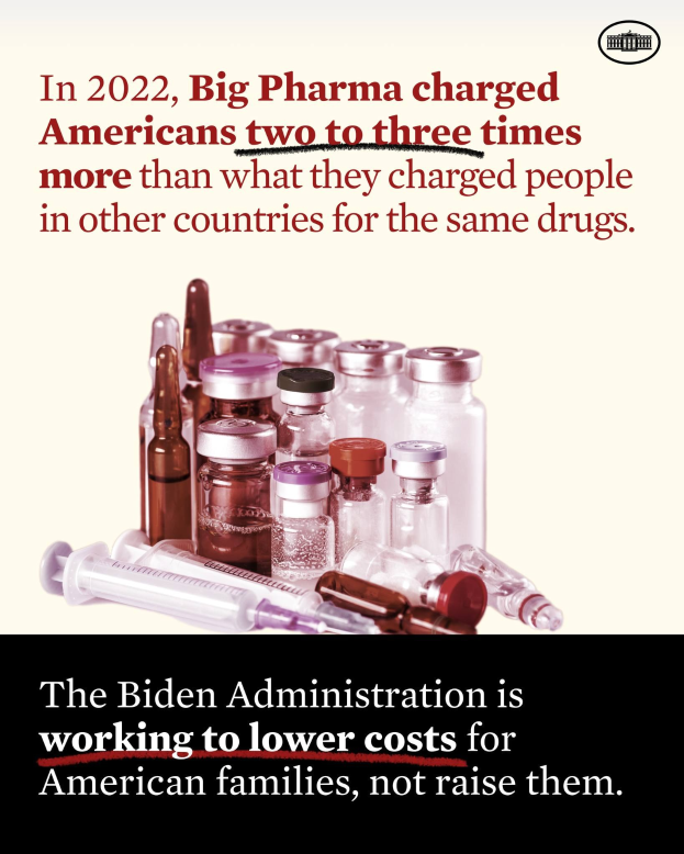 Plakat zeigt, dass Big Pharma 2022 Amerikaner zwei bis drei Mal mehr für dieselben Medikamente berechnete als andere Länder, mit Bildern von Medikamentenflaschen und einer Spritze.