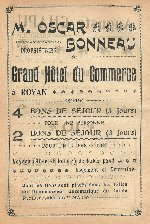 Schwarz-weiß-Anzeige für das Grand Hotel du Commerce in Paris mit Text über die Hotelangebote.