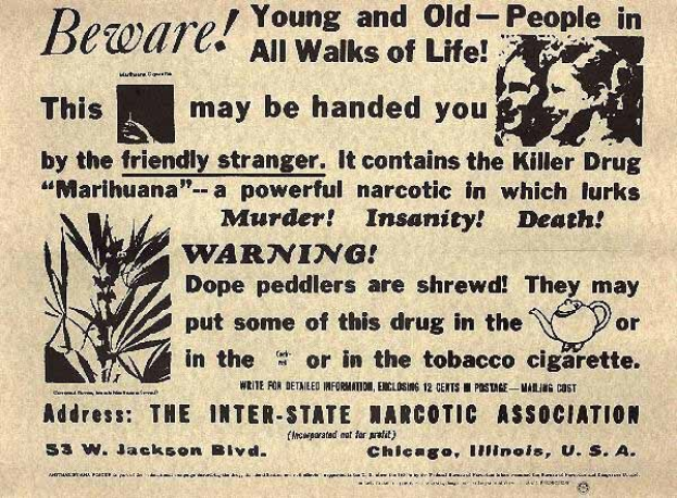 Schwarz-weißes Zeitungsinserat der Inter-State Narcotic Association mit einem Bild von einem Mann und einer Frau und der Warnung "Vorsicht, jung und alt in allen Lebensbereichen".