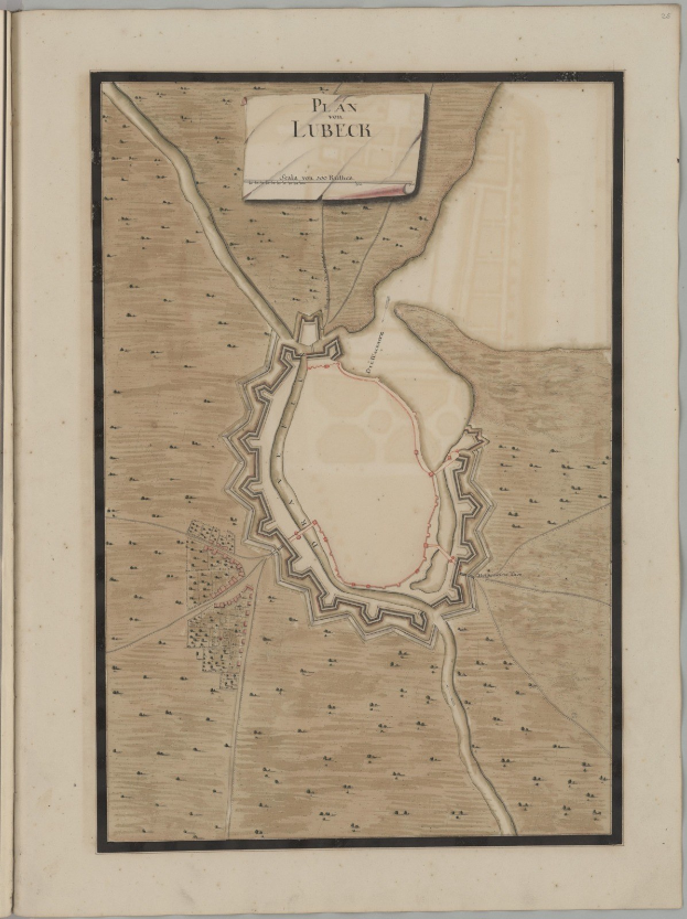 Eine detaillierte Karte der Stadt Lübeck auf dem Cover eines alten Buches, das Straßen, Gebäude und Sehenswürdigkeiten zeigt, begleitet von Texten zur Geschichte und Kultur der Stadt.