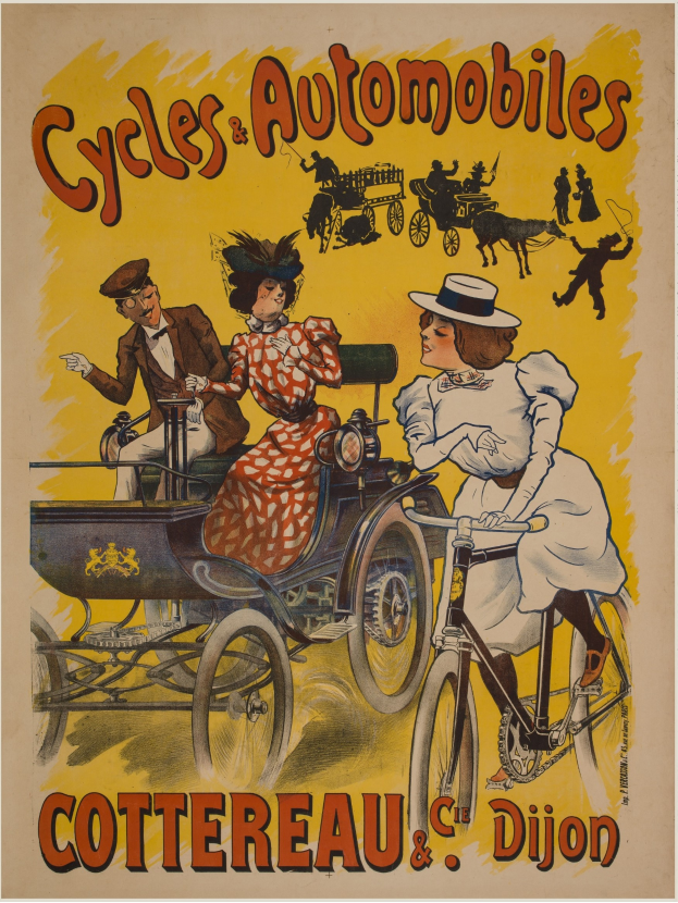 Ein Vintage-Plakat, das Fahrräder und Automobile in Cottereau und Dijon, Frankreich, bewirbt und eine Gruppe von Menschen zeigt, die Fahrräder fahren und eine Kutsche gezogen von einem Pferd, mit den Worten "Fahrräder und Automobile" oben.