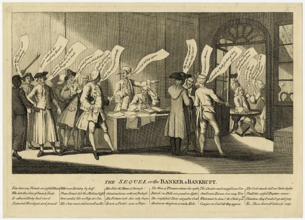 Eine Gruppe von Menschen steht um einen Tisch mit Papieren, mit zusätzlichen Papieren und Gegenständen auf dem Tisch, vor einer Wand und einer Tür, mit dem Text "Die Fortsetzung der Bankrotte des Bankers" unten.