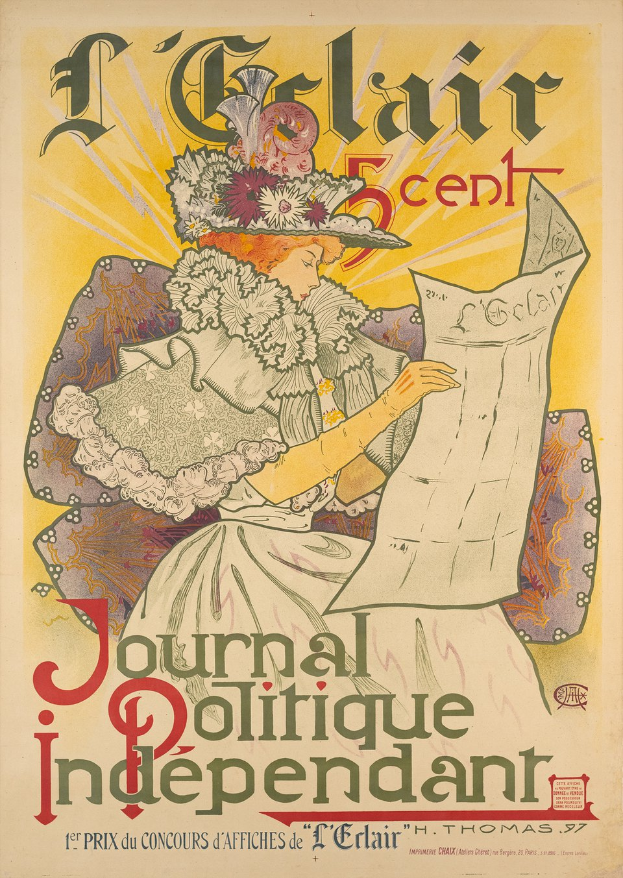 Eine Frau sitzt auf einem Stuhl und hält ein Papier in der Hand, mit Text, der das Journal Politique Indépendant von Alphonse Mucha beschreibt.