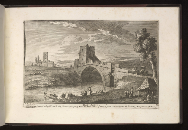 Offenes Buch mit einer Illustration eines Schlosses in einer Landschaft mit Bäumen, Menschen, einer Brücke, Wasser, Hügeln und einem bewölkten Himmel.