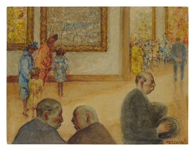 Gemälde 'Die Ausstellung im Museum of Fine Arts' von Édouard Manet zeigt formell gekleidete Menschen in einem Raum mit Wänden, die mit gerahmten Kunstwerken in gedämpften Erdtönen geschmückt sind.