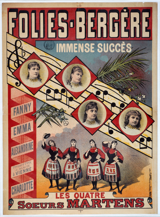 Ein farbenfrohes Konzertplakat für Folies-Bergère und Immense Succès, das Bilder von verschiedenen Menschen und mutige Texte zeigt, die auf komplexen Designs Platz finden.