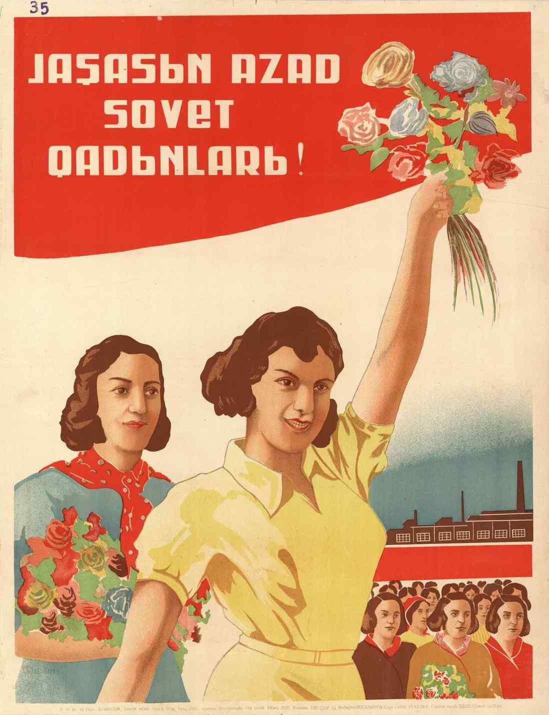 Sowjetisches Propagandaplakat zum Frauentag, das eine Frau mit Blumen zeigt, umgeben von einer Menge und einem Gebäude, mit der Aufschrift "Frauentag".