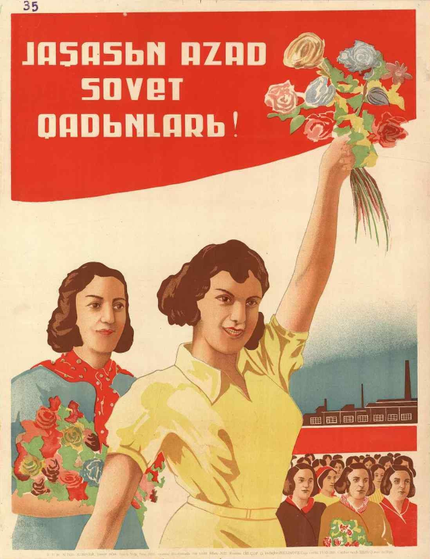 Sowjetisches Propagandaplakat zum Frauentag, das eine Frau mit Blumen zeigt, umgeben von einer Menge und einem Gebäude, mit der Aufschrift "Frauentag".