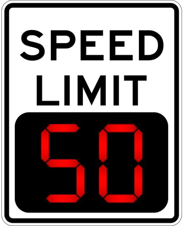 Geschwindigkeitsbegrenzungsschild mit der Aufschrift "Geschwindigkeitsbegrenzung" und "50", das eine maximale Geschwindigkeit von 50 km/h anzeigt.