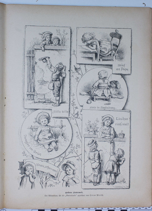 Ein aufgeschlagenes Buch auf einer flachen Oberfläche zeigt eine farbenfrohe Illustration von verschiedenen Kindern, die fröhlich in einem grünen, üppigen Garten mit Bäumen und Sträuchern spielen.