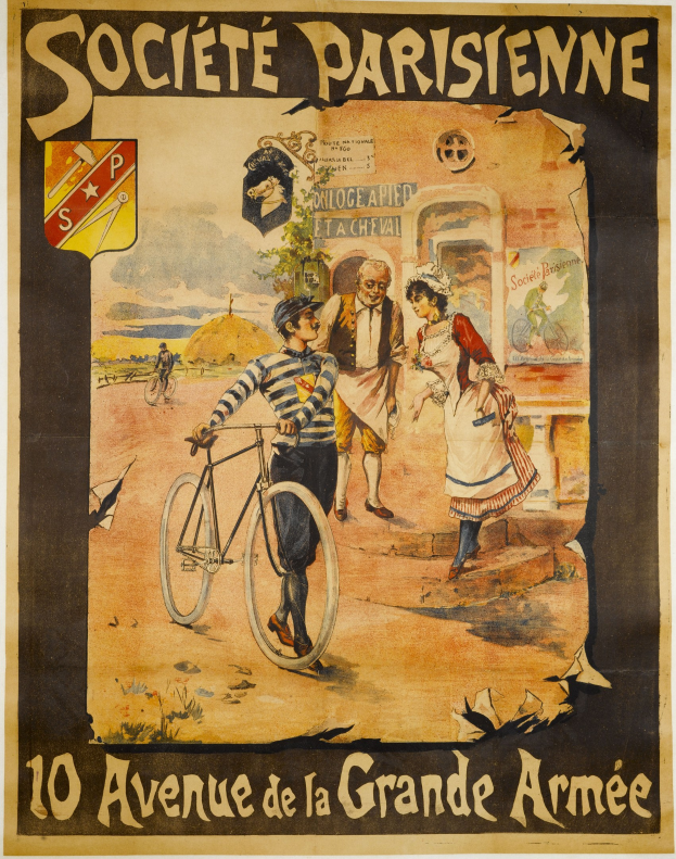 Plakat für ein Fahrradrennen in Paris, Frankreich, das eine Gruppe von Menschen zeigt, von denen einer ein Fahrrad hält, ein Gebäude im Hintergrund und Text, der das Ereignis beschreibt.