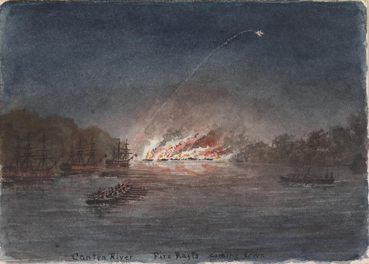 Gemälde, das Boote auf Wasser mit einem großen Feuer im Hintergrund zeigt, umgeben von Bäumen und einem sternenklaren Himmel, mit der Inschrift "Canton River Fire Rafts Coming Down" unten.