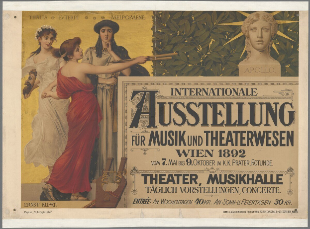 Plakat für die Internationale Ausstellung für Musik und Theaterwesen in Wien, Österreich, das eine Gruppe von Menschen im Kreis mit einer Frau, die ein Musikinstrument hält, in der Mitte zeigt und Text mit Veranstaltungseinzelheiten.