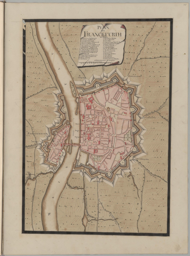 Ein abgenutztes Buch mit einer detaillierten historischen Karte von Frankfurt, Deutschland, mit beschrifteten Straßen, Gebäuden und Sehenswürdigkeiten.
