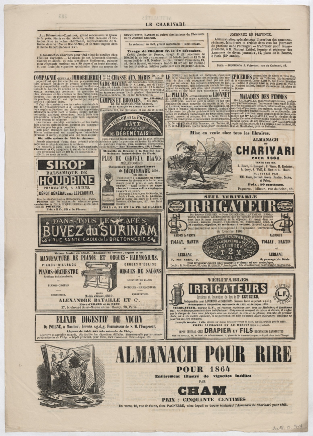 Schwarze und weiße Zeitungsseite mit mehreren Anzeigen mit Text und Bildern.