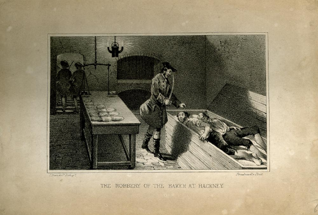 Ein Schwarz-Weiß-Bild eines Mannes mit einem Messer, der neben einem Bett mit zwei darauf liegenden Personen steht, mit einem Tisch voller Gegenstände links daneben und mehreren Menschen im Hintergrund; der Text "Der Überfall auf den Bäcker in Hackney" ist unten geschrieben.